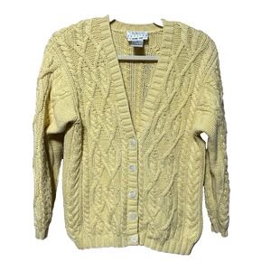 Talbots Vintage Yellow Chunky Hand Knit Cardigan PS‎ Petite Small Cotton Sweater